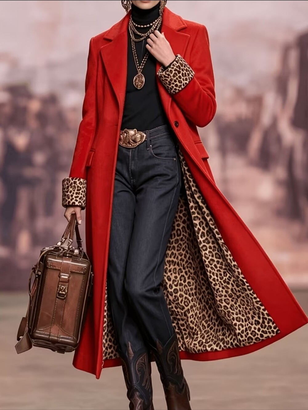 Red Long Coat with Leopard Lining - Women's Elegant Outerwear